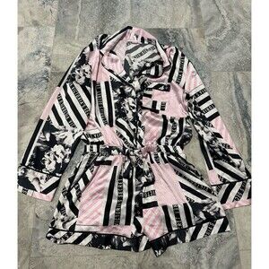 Victoria's Secret Black, Pink & Gray Logo-Print Romper Pajama